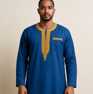 Men’s African Dashiki Outfit – Royal Blue Embroidered Long Shirt & Pants Set
